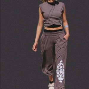 FP Movement by Free People- NWT Gray Joggers with White Floral Design
